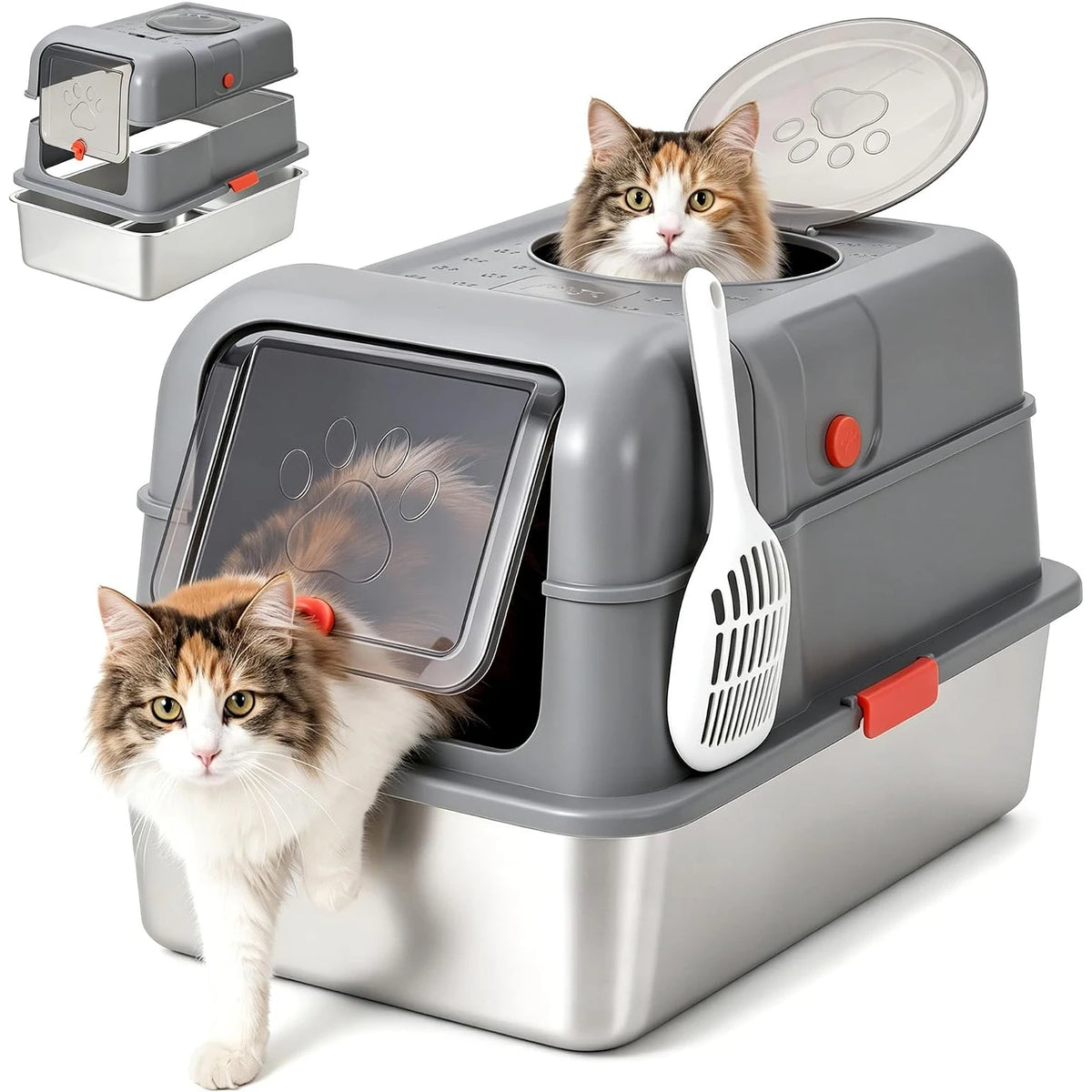 HiMISS Stainless Steel Enclosed Cat Litter Box With Scoop