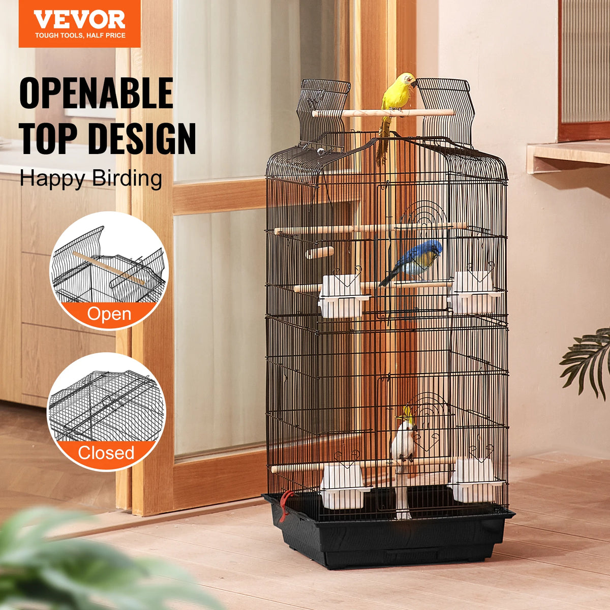 SucceBuy Hanging Open Top Bird Cage With Perch And Swing