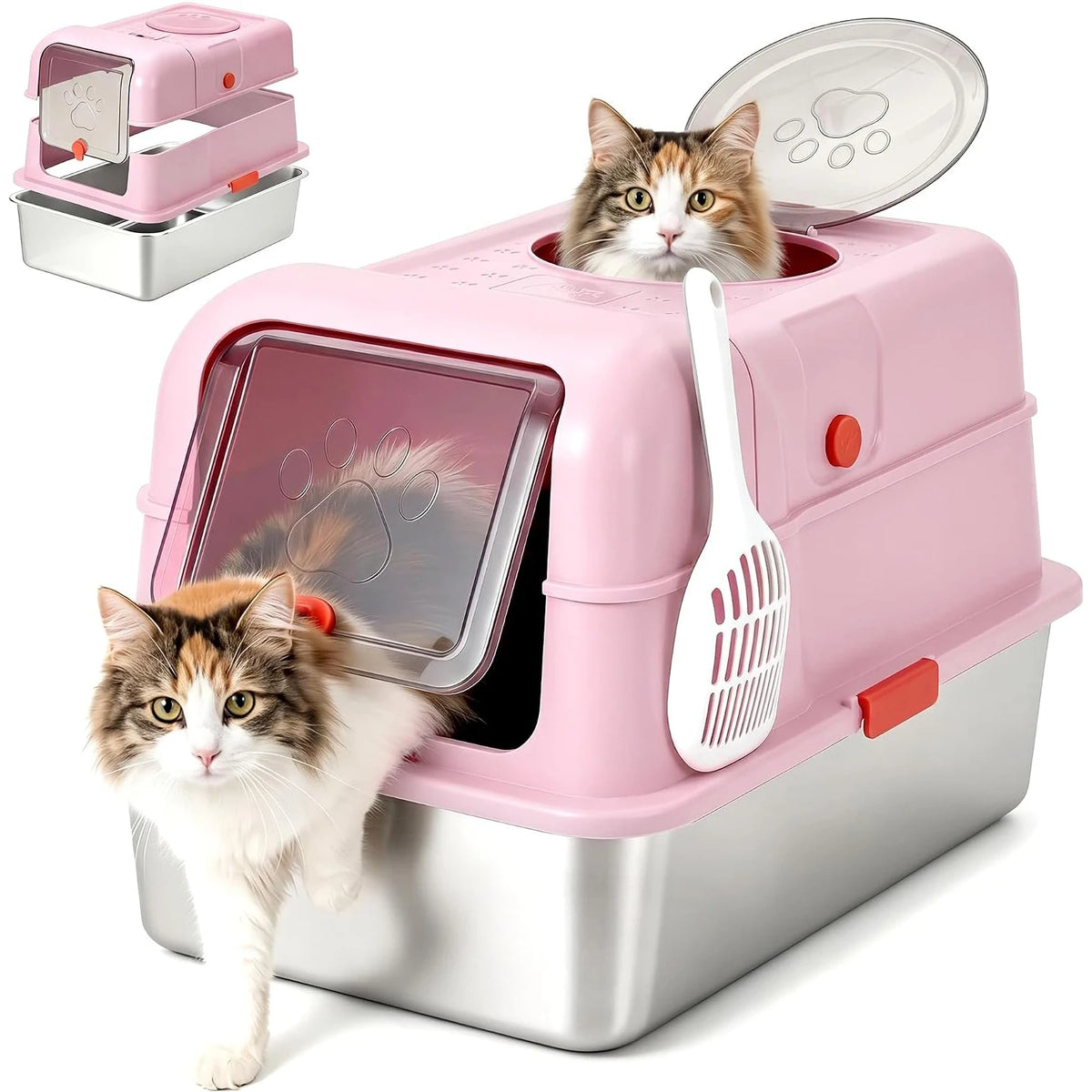 HiMISS Stainless Steel Enclosed Cat Litter Box With Scoop