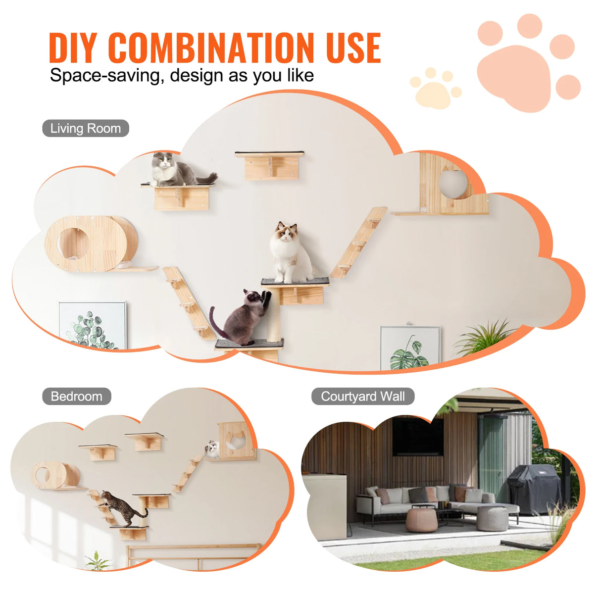 SucceBuy Wall Mounted Cat Shelves With Durable Wood Perches