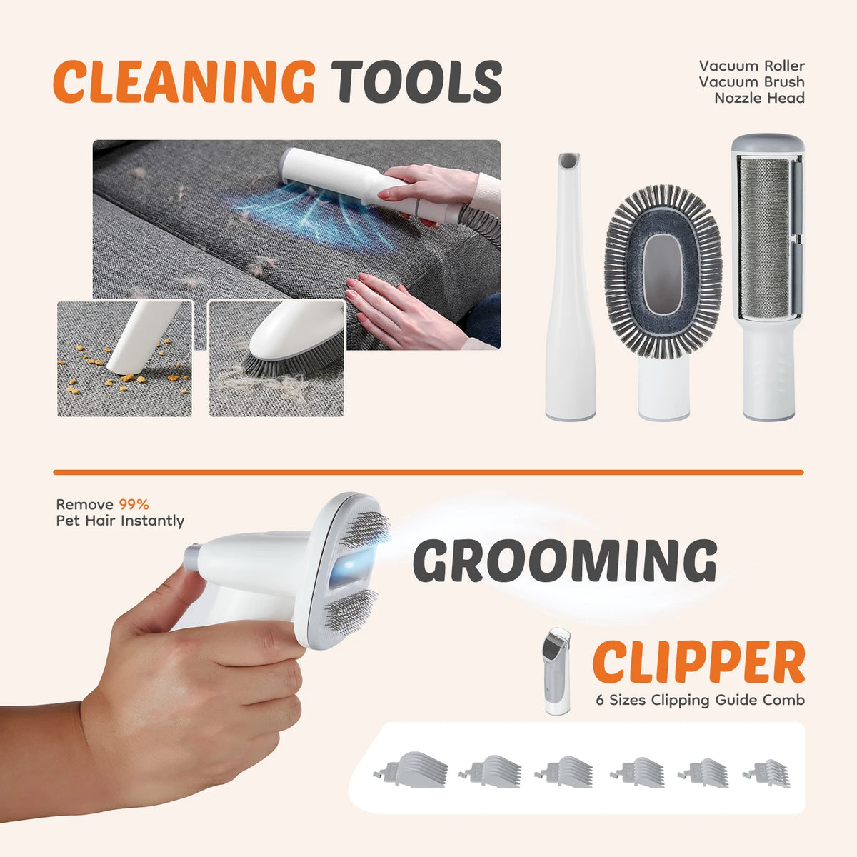 Low Noise Pet Grooming Vacuum Kit With Clipper Attachment