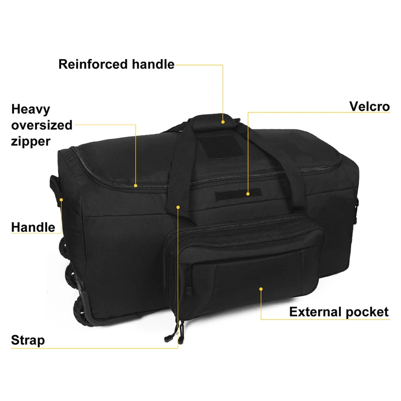 Q Brand Wheeled Tactical Duffel Bag For Heavy Camping Gear