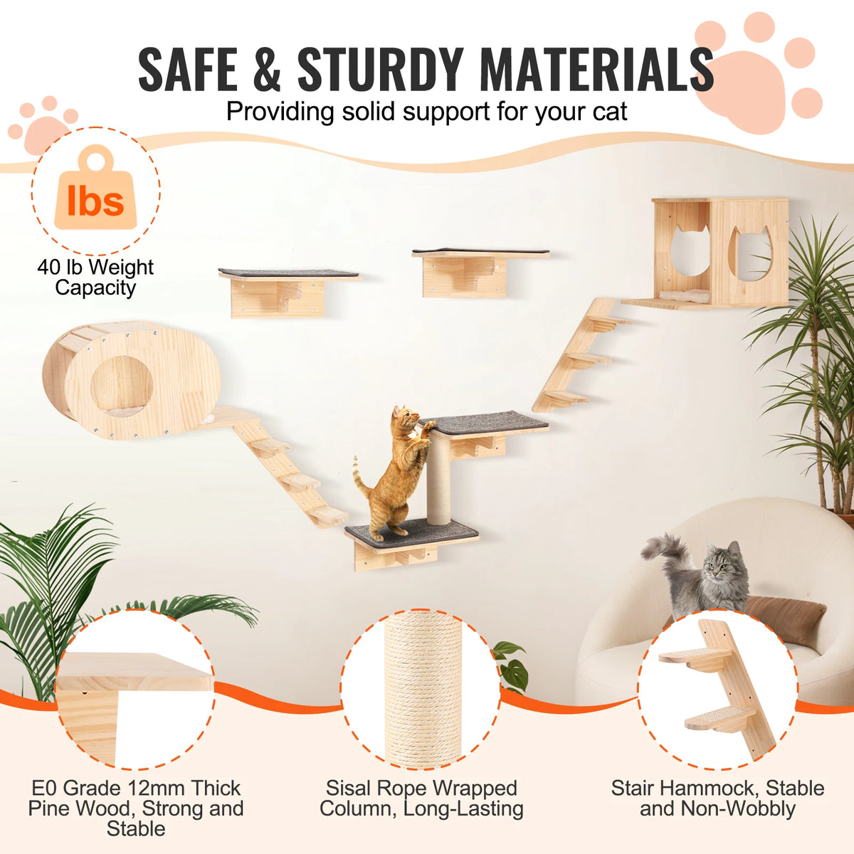 SucceBuy Wall Mounted Cat Shelves With Durable Wood Perches