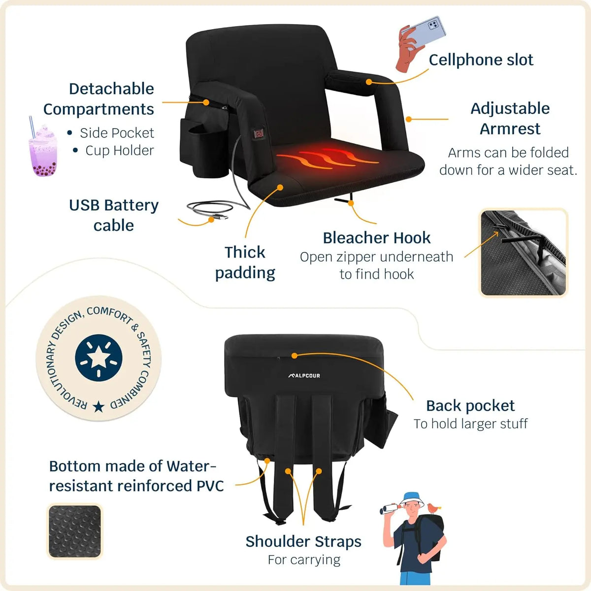 Alpcour Heated Reclining Stadium Seat With Waterproof Thick Padding