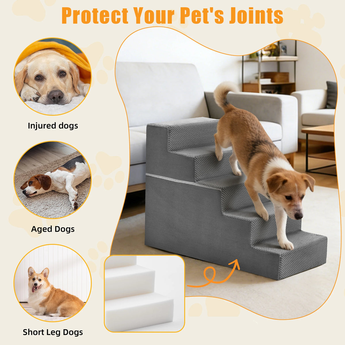 JHK Curved Foam Dog Stair Ramp For Easy Indoor Access