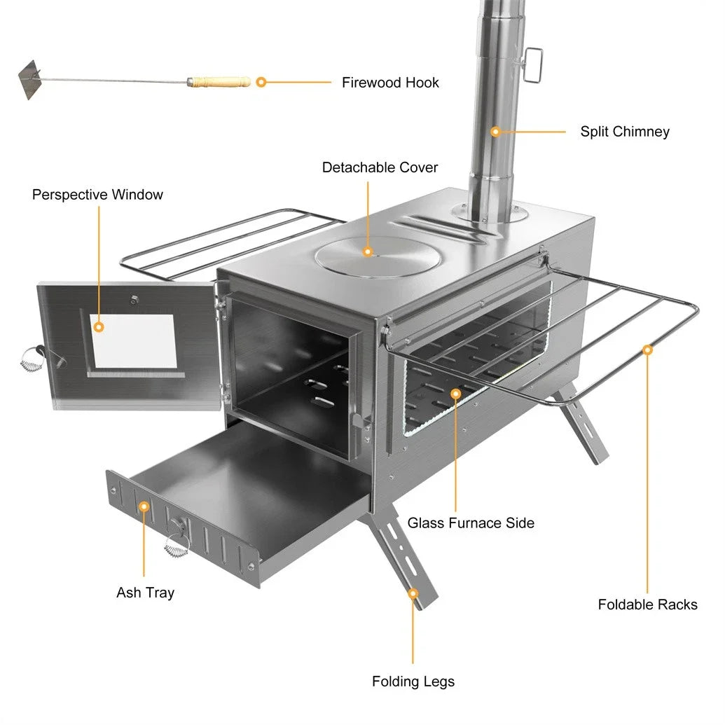 Portable Stainless Steel Wood Burning Stove With Chimney For Camping