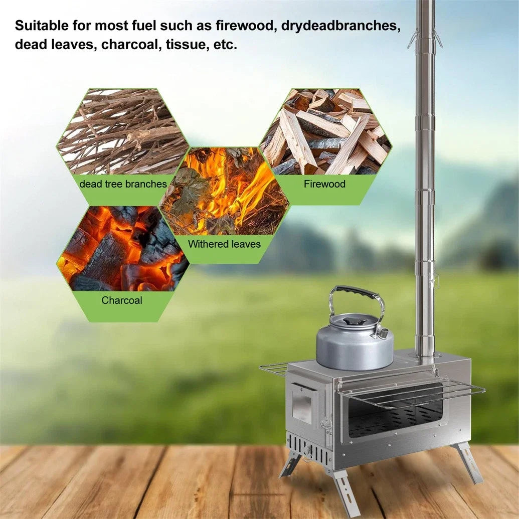 Portable Stainless Steel Wood Burning Stove With Chimney For Camping