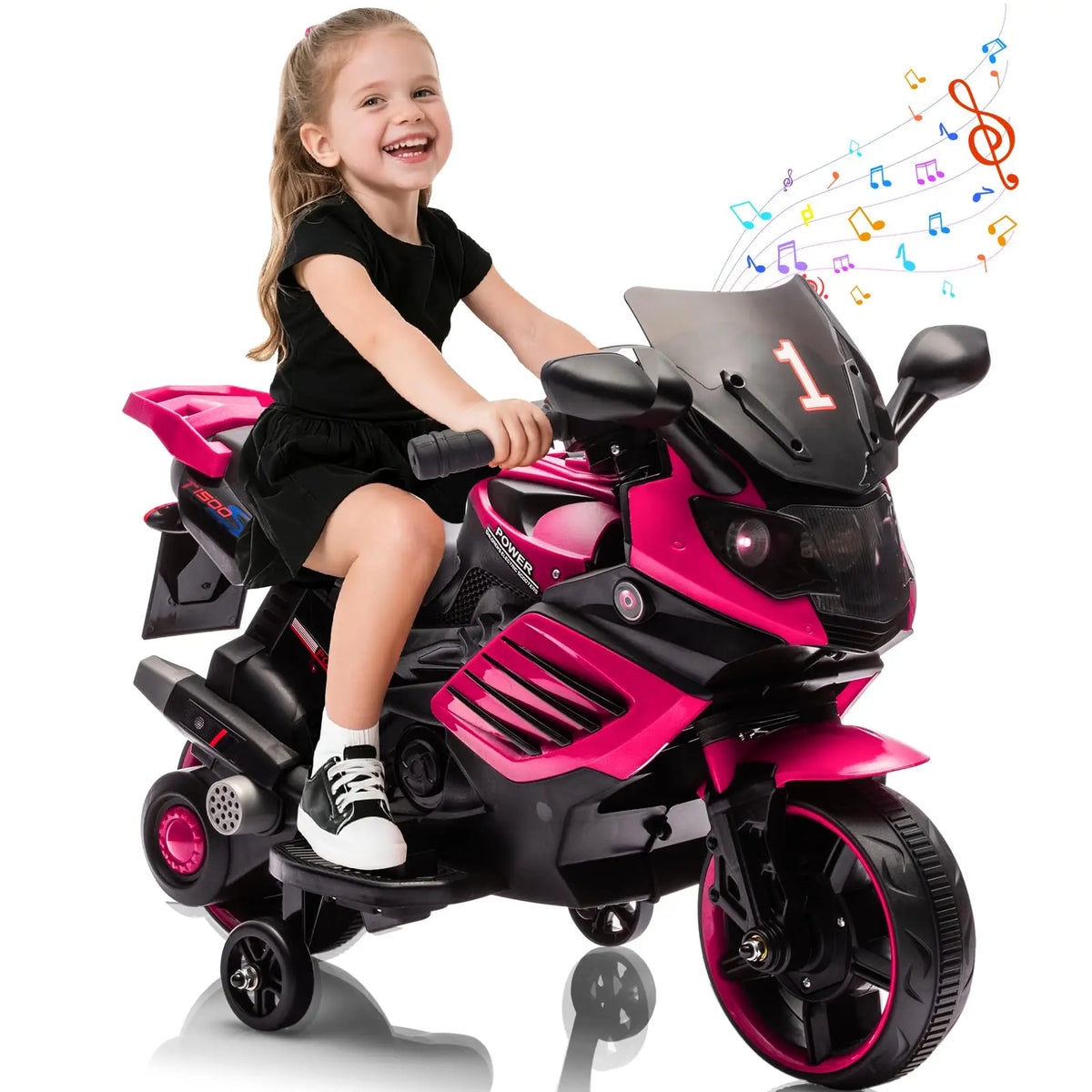 HiMiss Kids Ride On Motorcycle With Training Wheels And Music