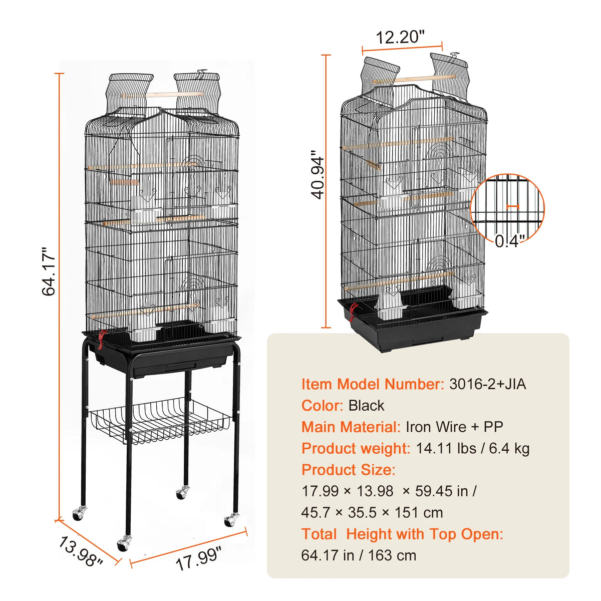 SucceBuy Hanging Open Top Bird Cage With Perch And Swing