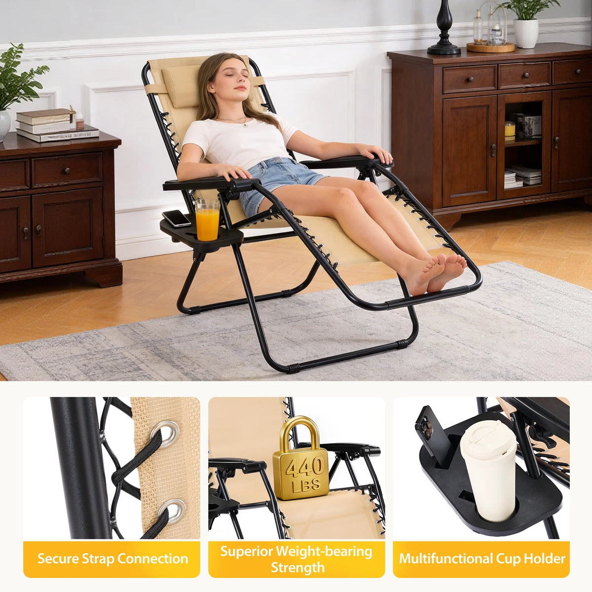 JHK Zero Gravity Outdoor Recliner Chairs With Cup Holder Trays