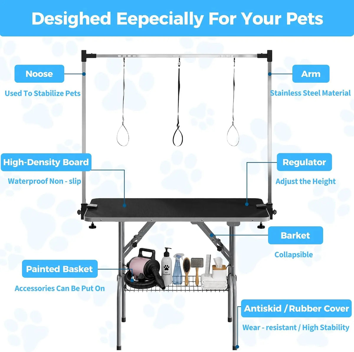 Garvee Stainless Steel Foldable Dog Grooming Table With Arm Basket