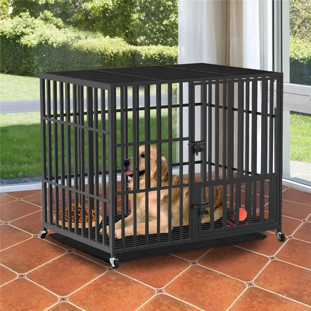 Bingopaw Heavy Duty Metal Pet Crate With Wheels And Tray