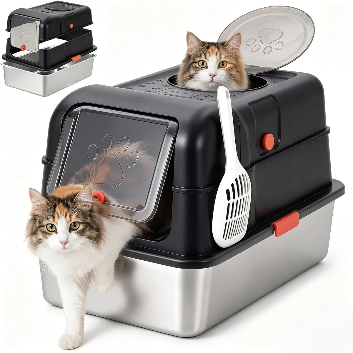 HiMISS Stainless Steel Enclosed Cat Litter Box With Scoop