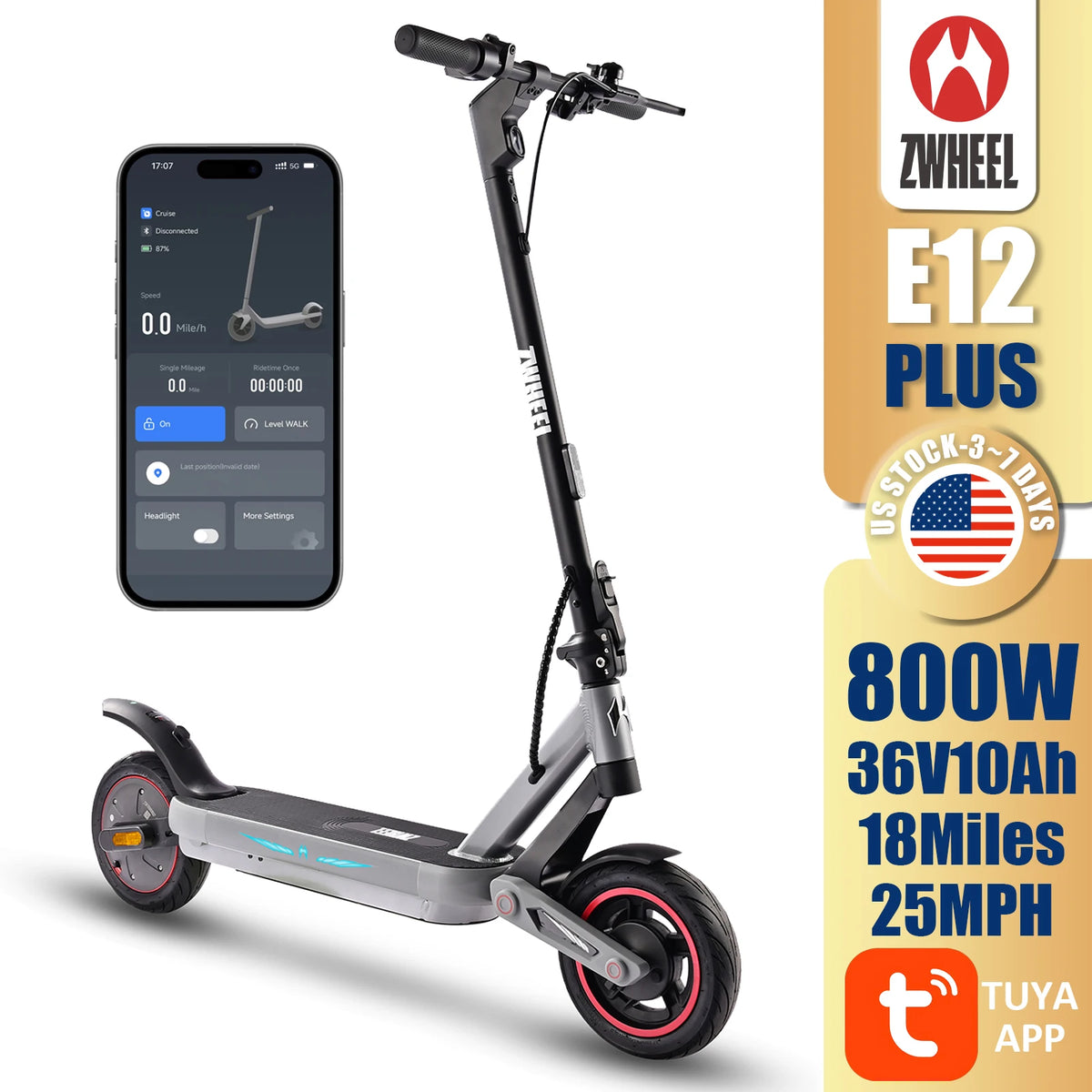 ZWHEEL E12 Plus Electric Scooter 800W Peak 25 MPH Range