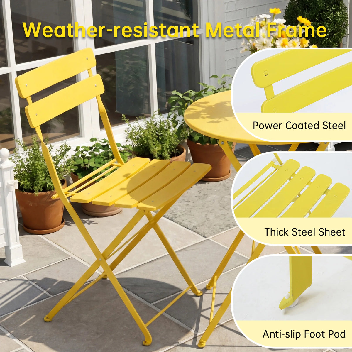 TUAREX Folding Steel Bistro Set For Outdoor Patio Garden