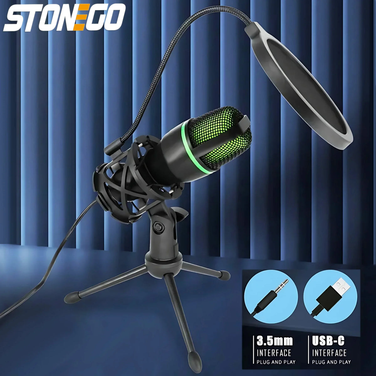 Stonego Usb Condenser Microphone With Rgb Tripod And Mute Button