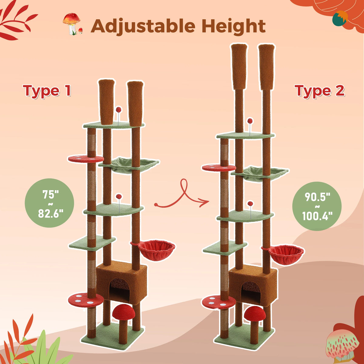 Petepela Adjustable Height Floor To Ceiling Cat Tower With Hammock