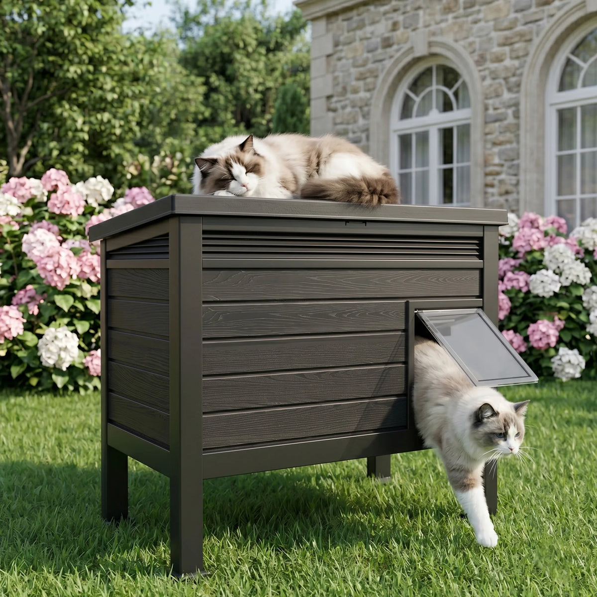 Weatherproof Resin Elevated Cat Shelter With Openable Roof For Outdoors