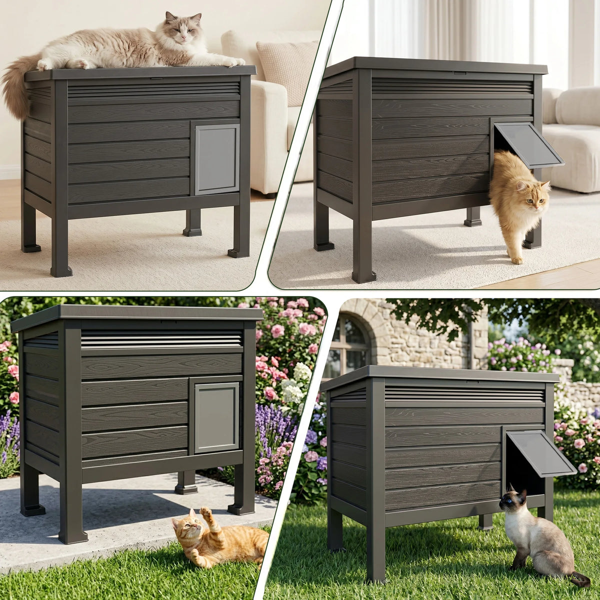 Weatherproof Resin Elevated Cat Shelter With Openable Roof For Outdoors