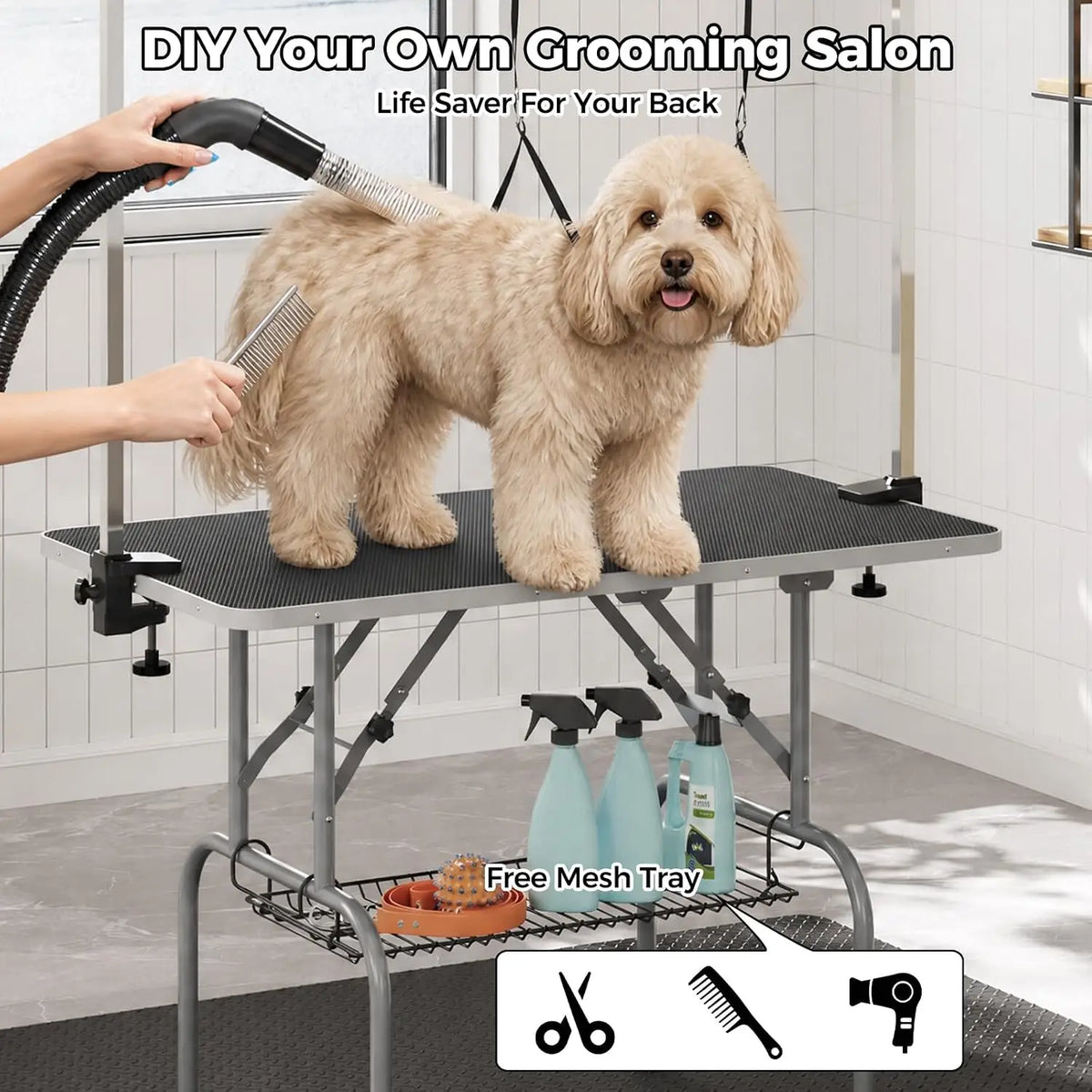 Garvee Stainless Steel Foldable Dog Grooming Table With Arm Basket