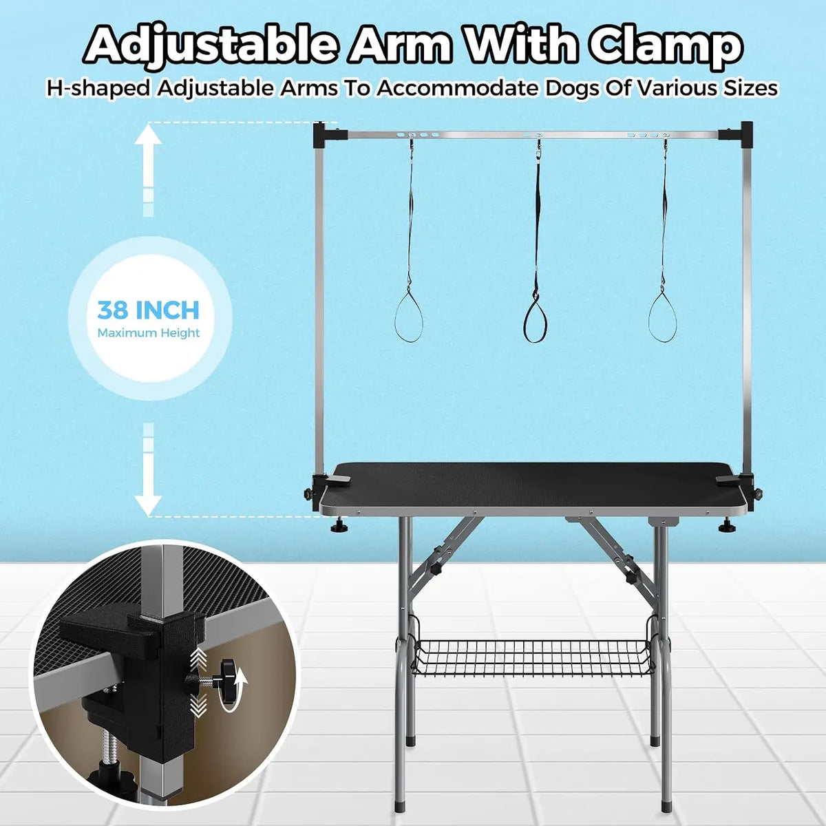 Garvee Stainless Steel Foldable Dog Grooming Table With Arm Basket