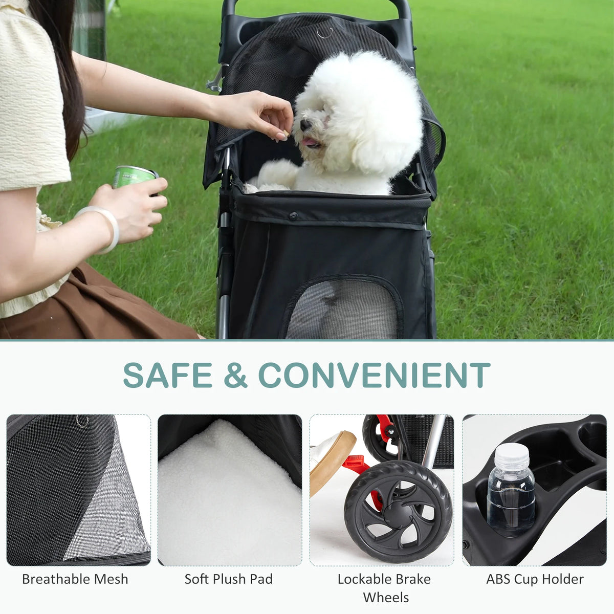 Foldable Three Wheel Pet Stroller For Small Dogs Daily Use