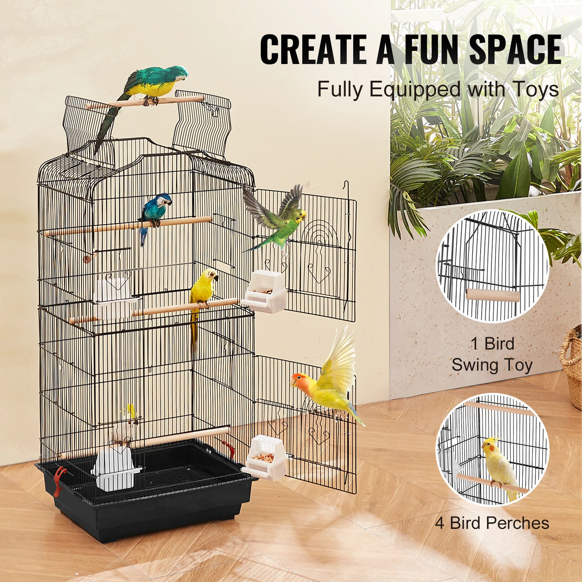 SucceBuy Hanging Open Top Bird Cage With Perch And Swing