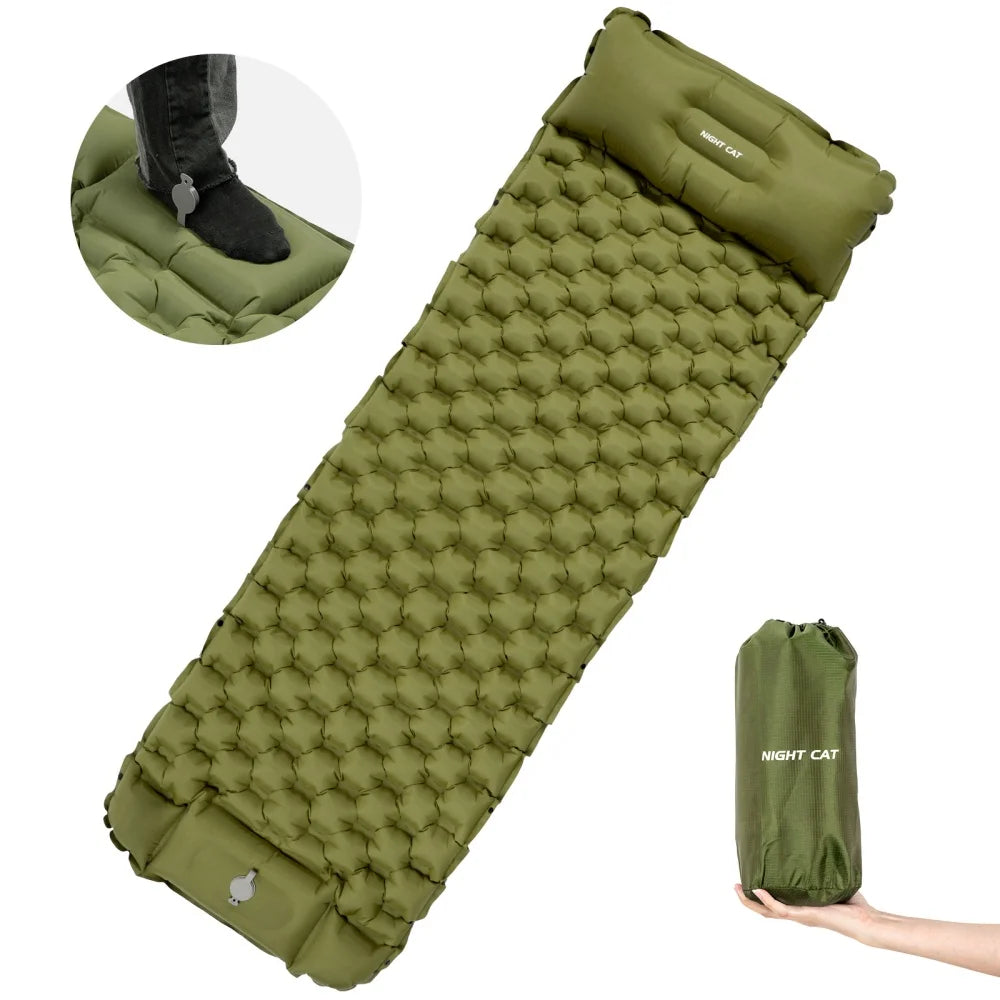 Night Cat Inflatable Sleeping Pad With Foot Pump For Camping