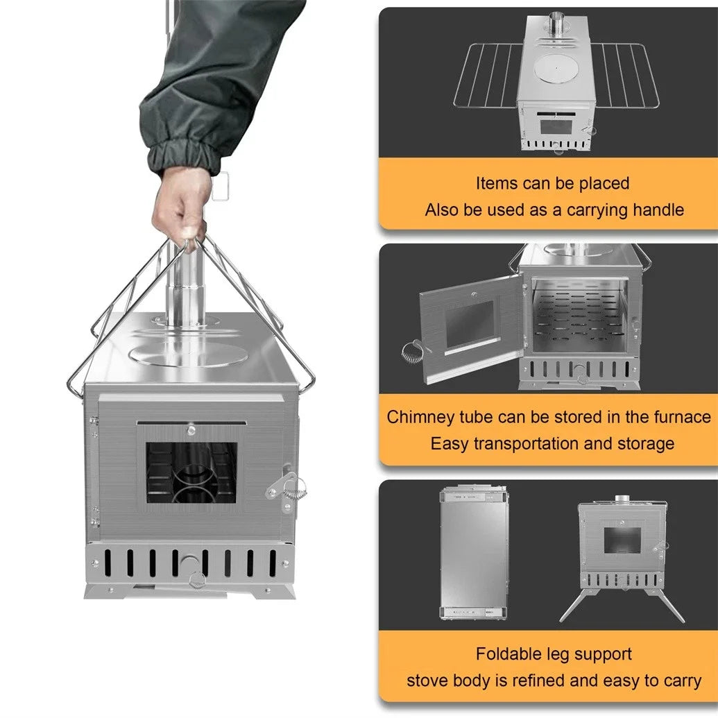 Portable Stainless Steel Wood Burning Stove With Chimney For Camping
