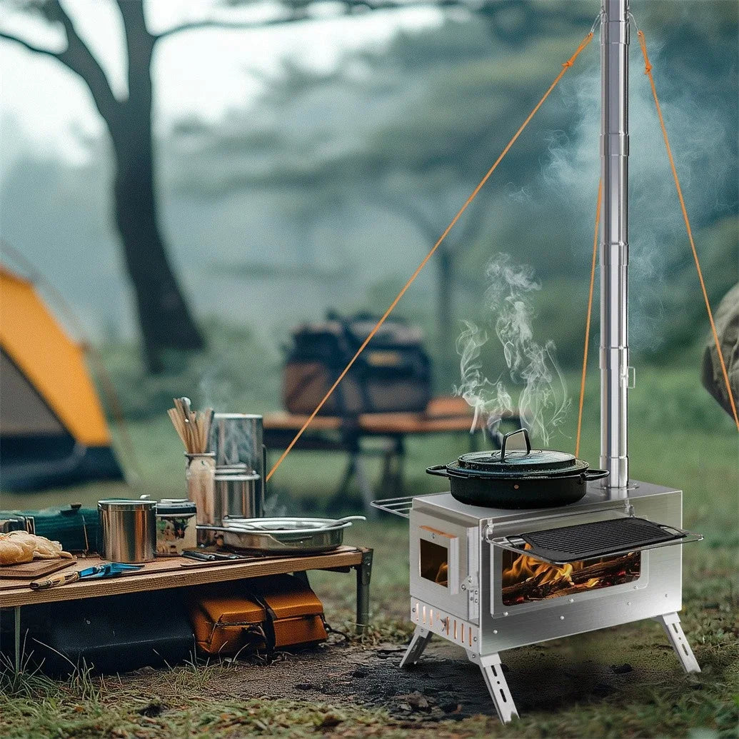 Portable Stainless Steel Wood Burning Stove With Chimney For Camping