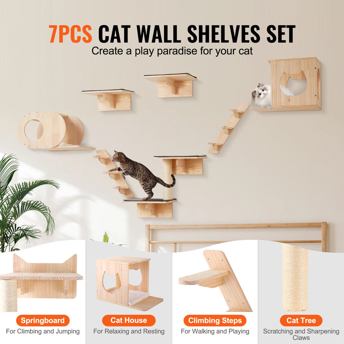 SucceBuy Wall Mounted Cat Shelves With Durable Wood Perches