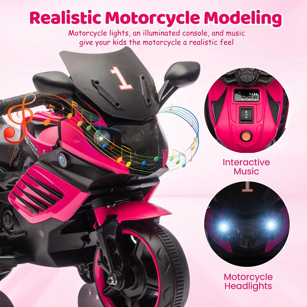HiMiss Kids Ride On Motorcycle With Training Wheels And Music